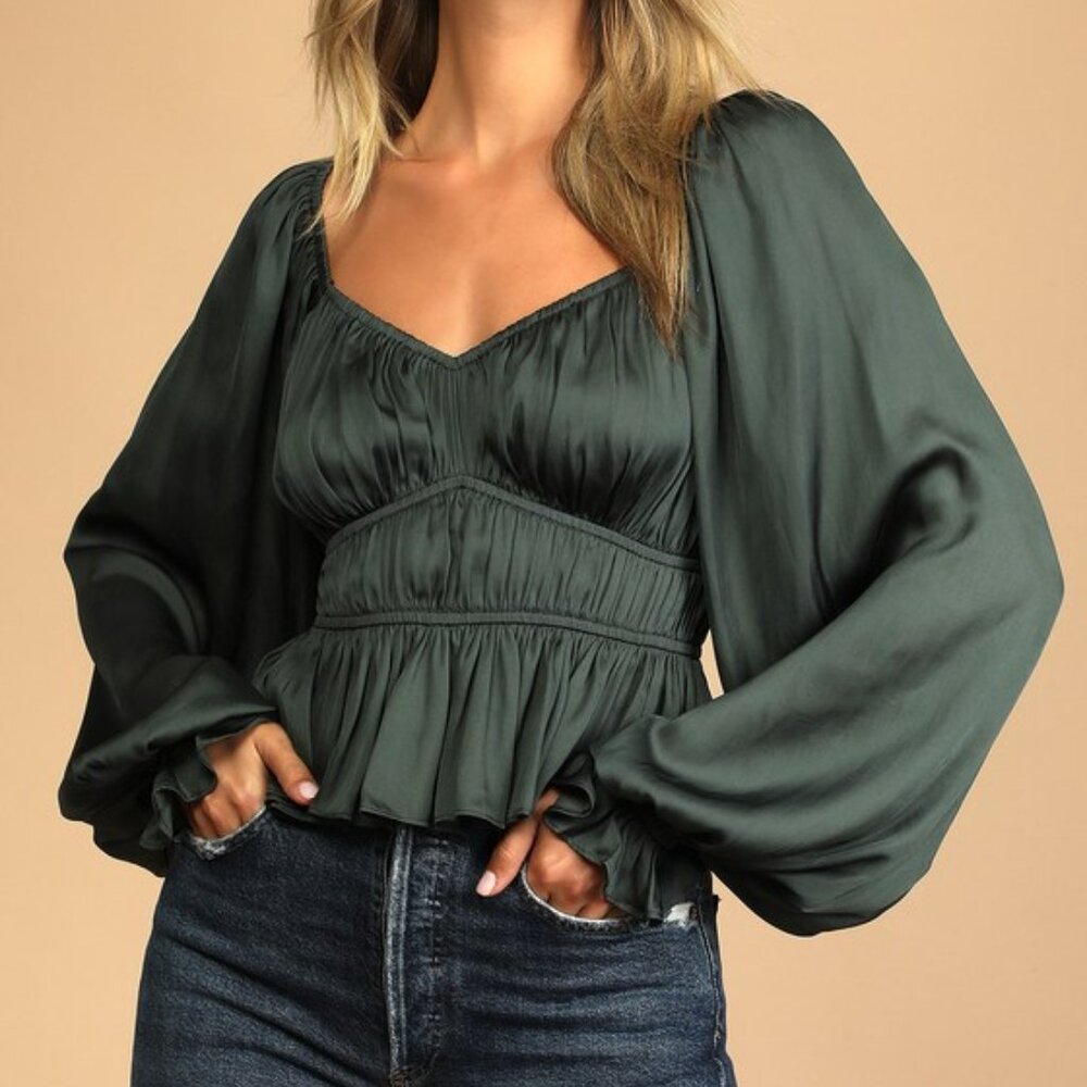 Sophisticate Dark Green Satin Ruched Long Sleeve Top